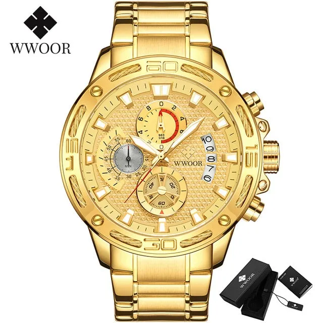 Luxury Gold on Stainless Steel Quartz Watch Men Waterproof Sport Chronograph