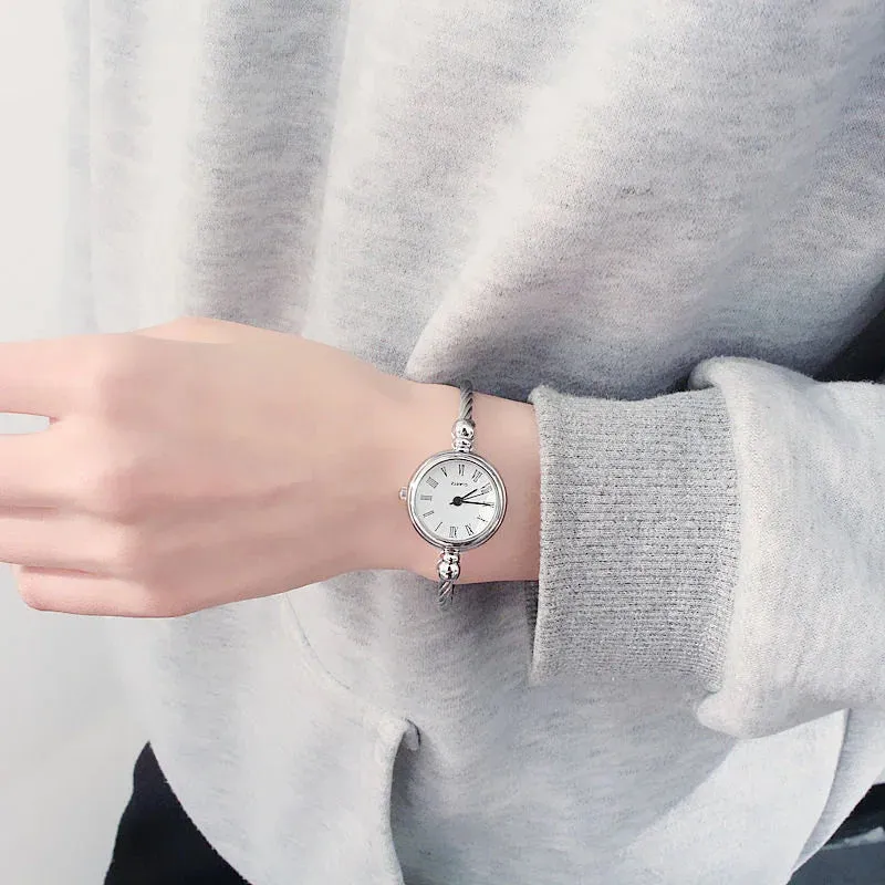 Luxury Silver Bangle Bracelet for Women Retro Quartz Watch