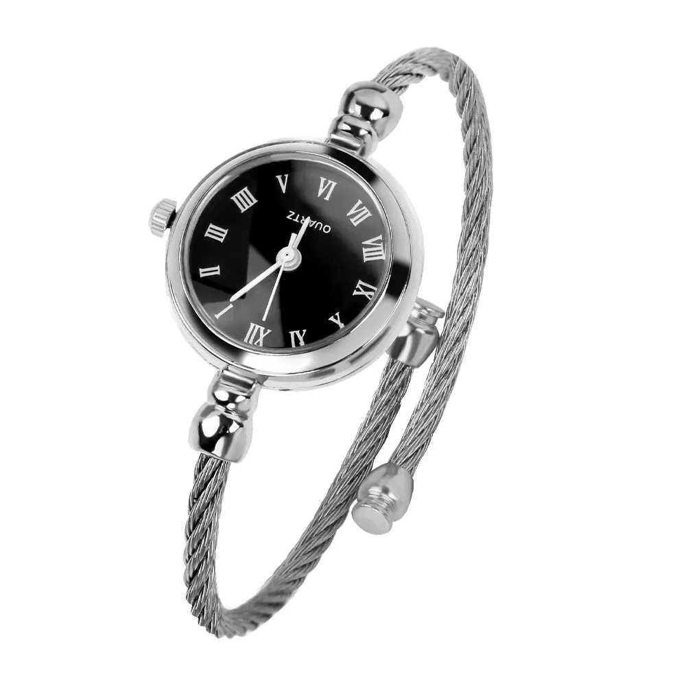 Luxury Silver Bangle Bracelet for Women Retro Quartz Watch