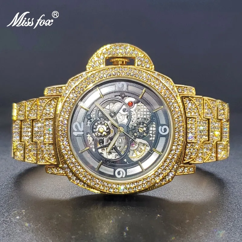 Mechanical Watch Diamond Iced Hip Hop Automatic Watches Big Wrist Skeleton Movement Wristwatches Unique