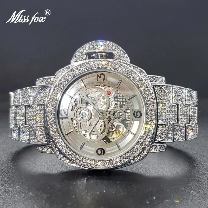 Mechanical Watch Diamond Iced Hip Hop Automatic Watches Big Wrist Skeleton Movement Wristwatches Unique