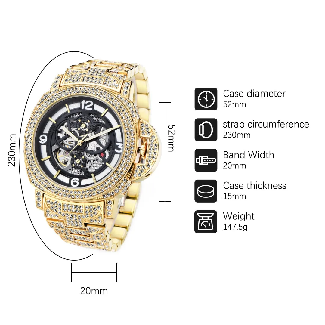 Mechanical Watch Diamond Iced Hip Hop Automatic Watches Big Wrist Skeleton Movement Wristwatches Unique