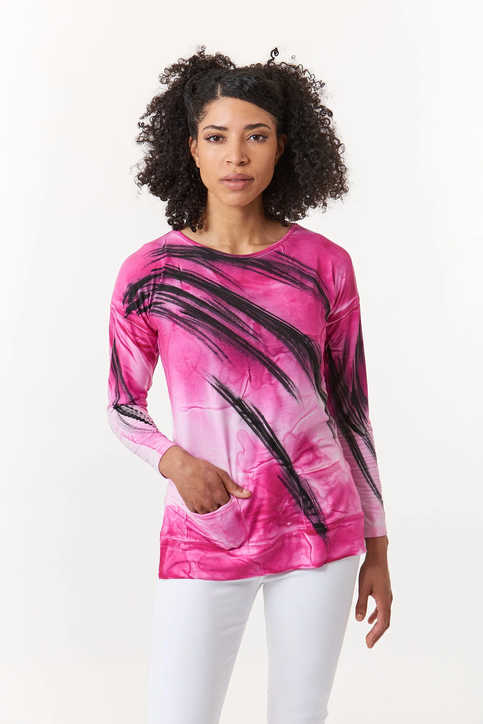 Melarosa, hand painted knit  tunic in fuschia watercolor-Italian Designer Collection
