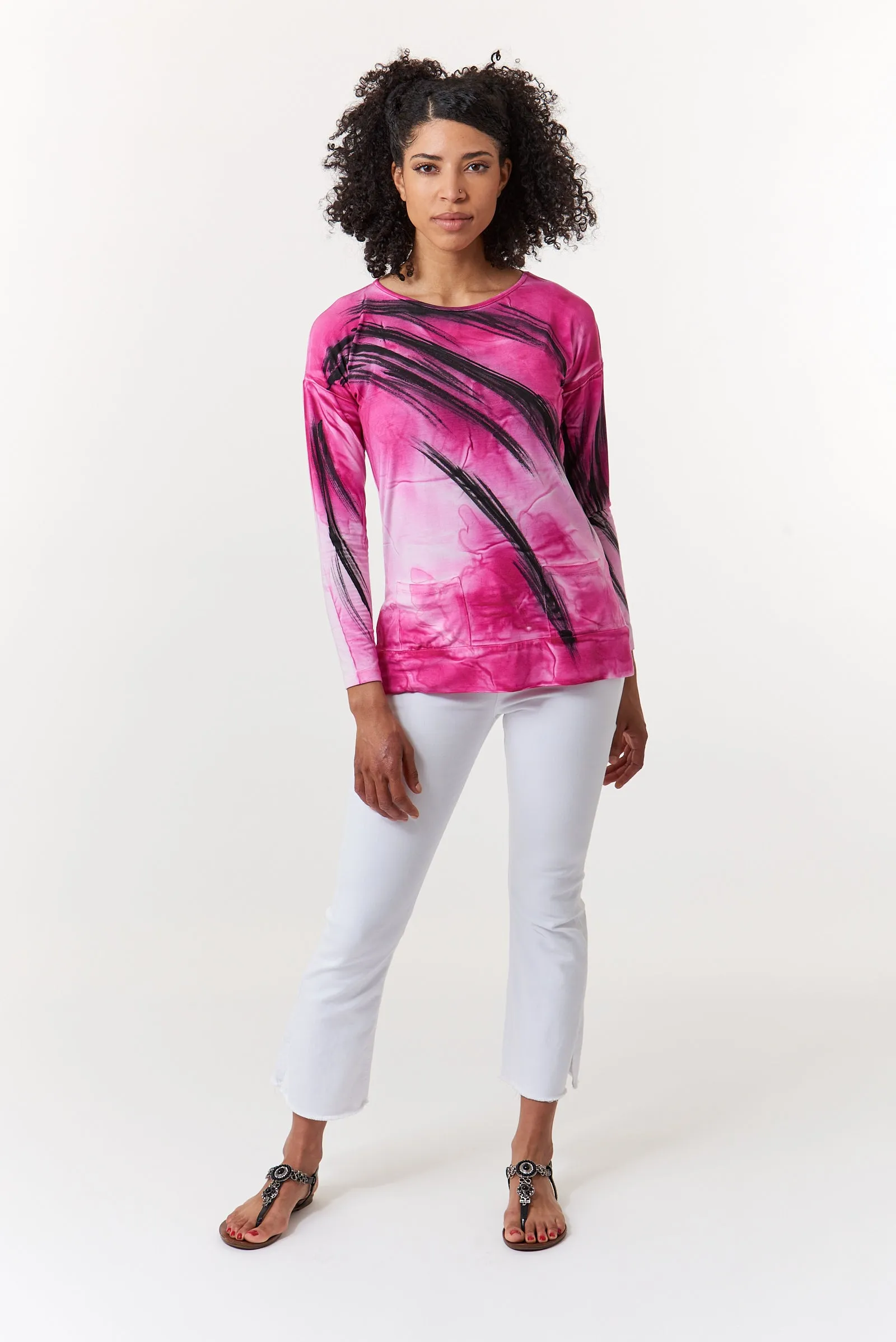 Melarosa, hand painted knit  tunic in fuschia watercolor-Italian Designer Collection