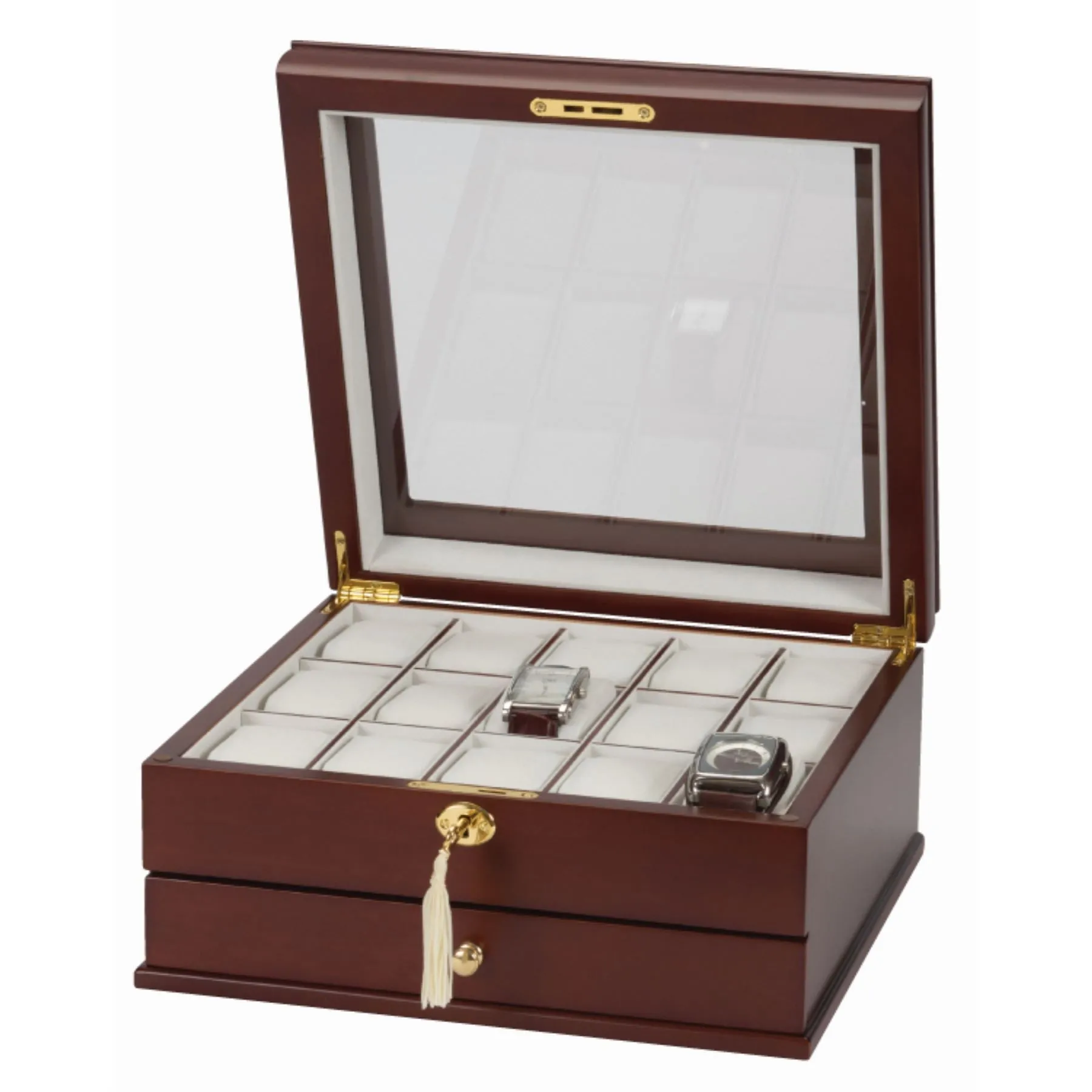 Mele & Co Lewis Walnut Finish With Viewing Glass 15 Watch Box