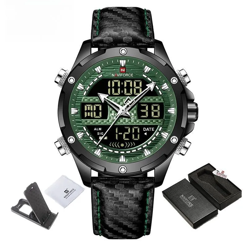 Men Military Sport Brand Leather Wrist Watch Waterproof Dual Display Chronograph Male Luminous Clock