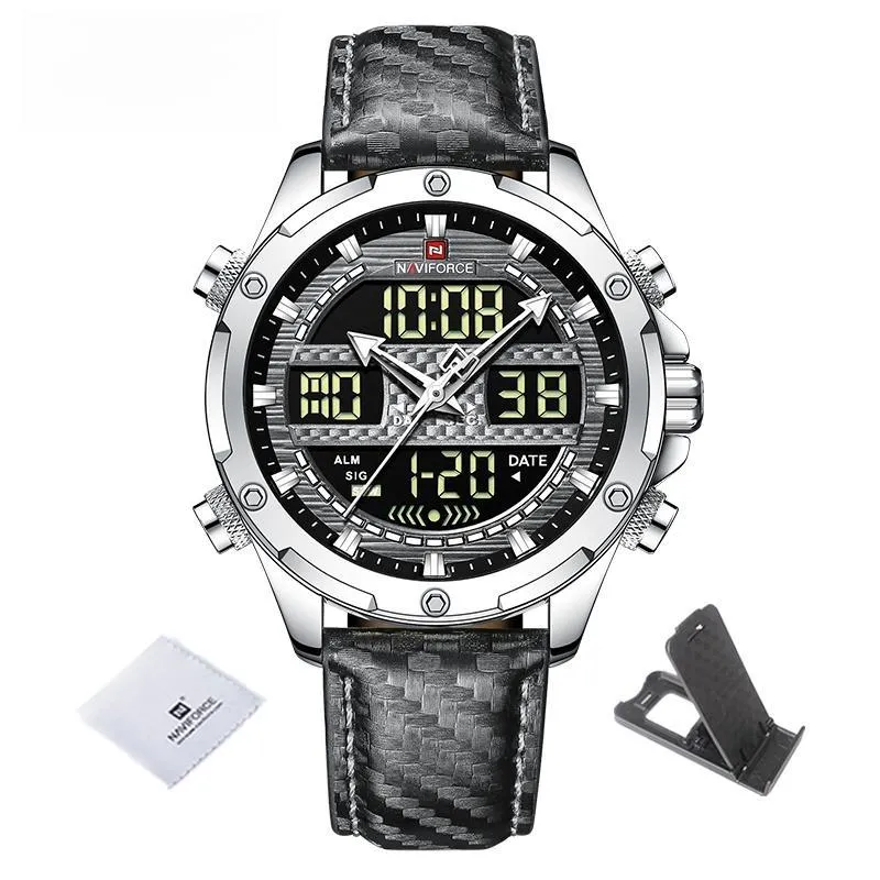 Men Military Sport Brand Leather Wrist Watch Waterproof Dual Display Chronograph Male Luminous Clock