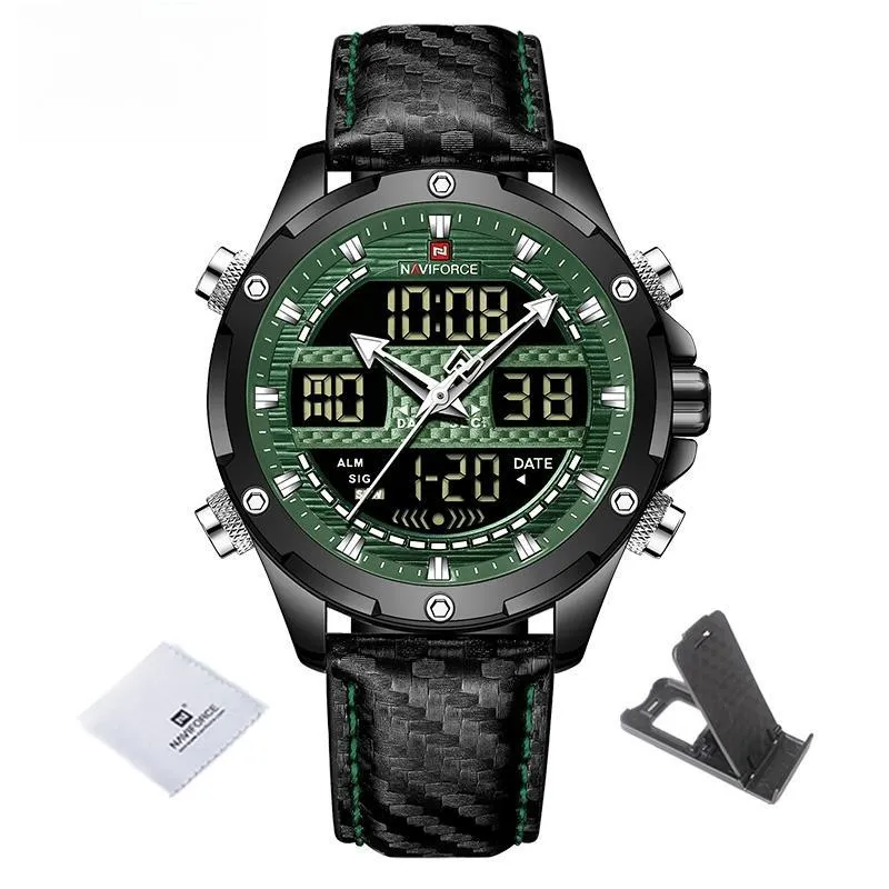 Men Military Sport Brand Leather Wrist Watch Waterproof Dual Display Chronograph Male Luminous Clock