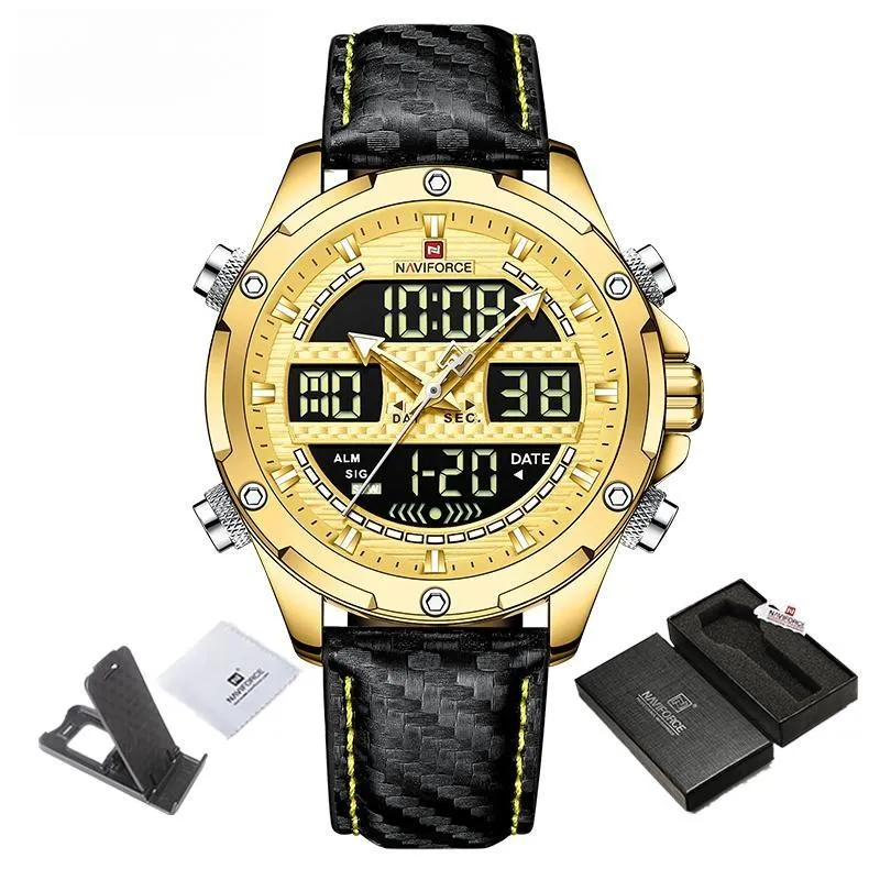Men Military Sport Brand Leather Wrist Watch Waterproof Dual Display Chronograph Male Luminous Clock