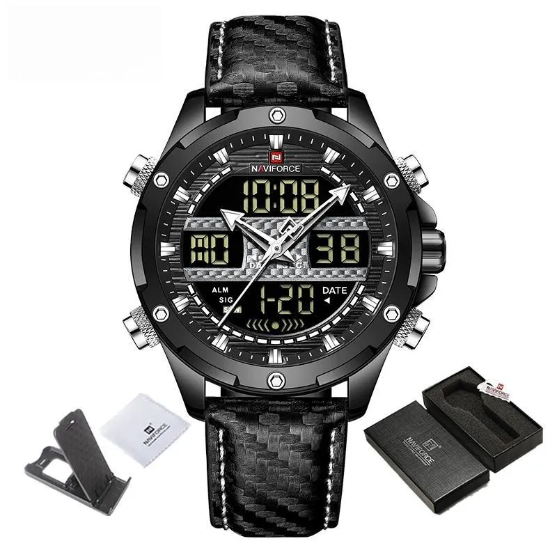 Men Military Sport Brand Leather Wrist Watch Waterproof Dual Display Chronograph Male Luminous Clock