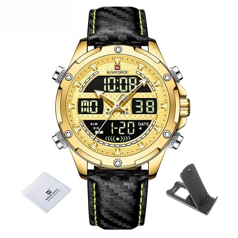 Men Military Sport Brand Leather Wrist Watch Waterproof Dual Display Chronograph Male Luminous Clock