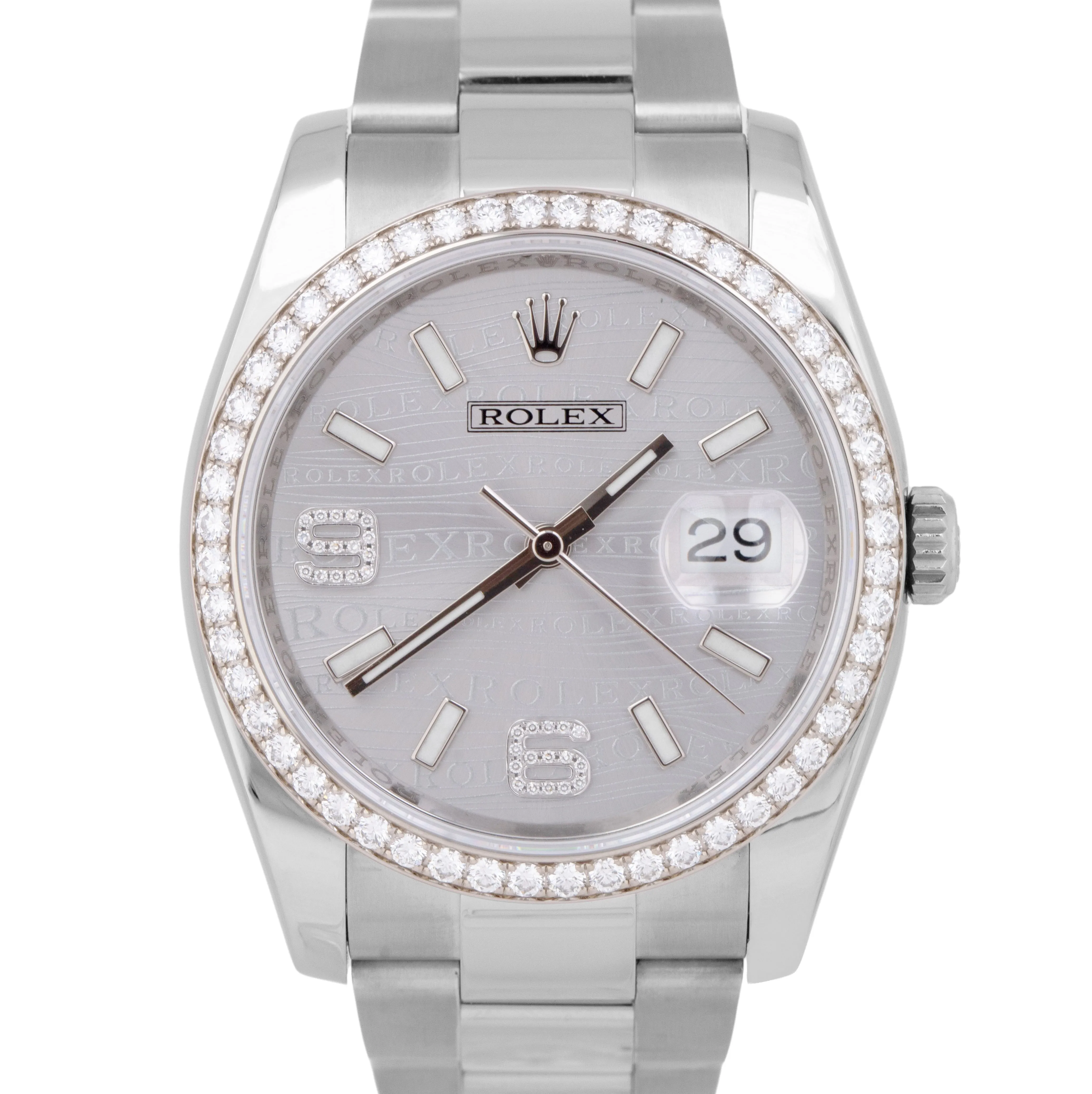 MINT PAPERS Rolex DateJust RHODIUM WAVES 36mm DIAMOND Oyster 116244 Watch BOX