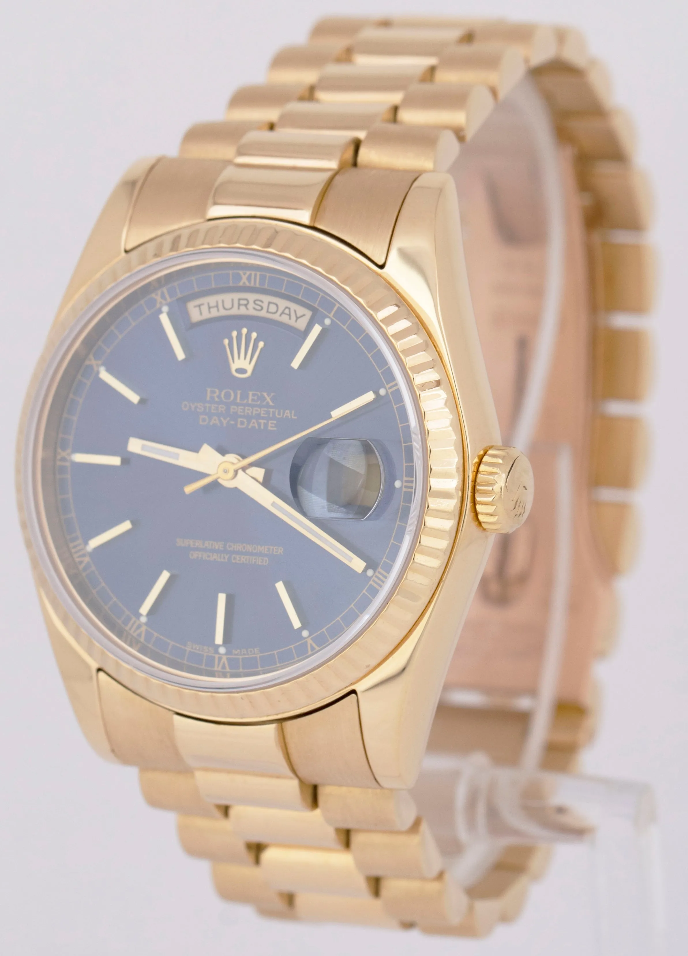 MINT Rolex Day-Date President 36mm Blue 18K Yellow Gold Fluted Watch 118238