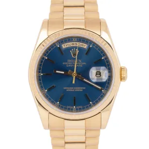 MINT Rolex Day-Date President 36mm Blue 18K Yellow Gold Fluted Watch 118238