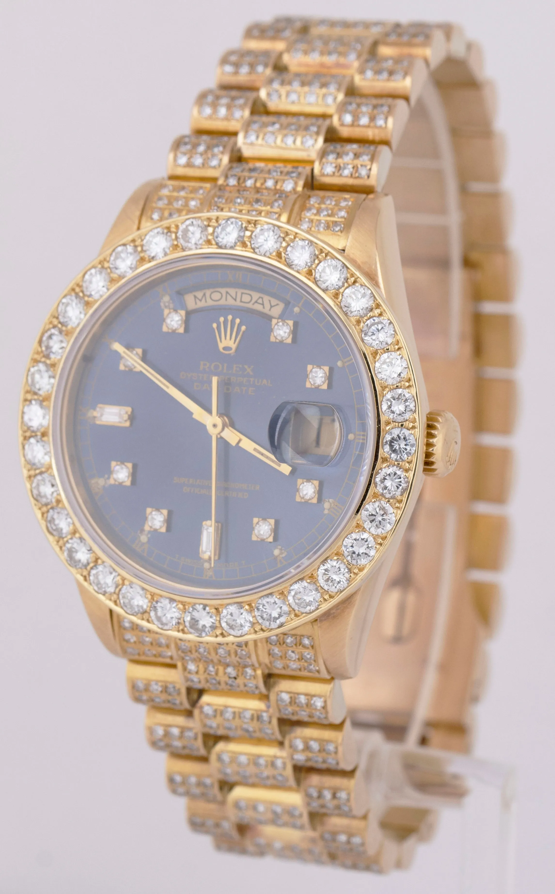 MINT Rolex Day-Date President 36mm BLUE DIAMOND 18038 18K Gold BUSS DOWN Watch