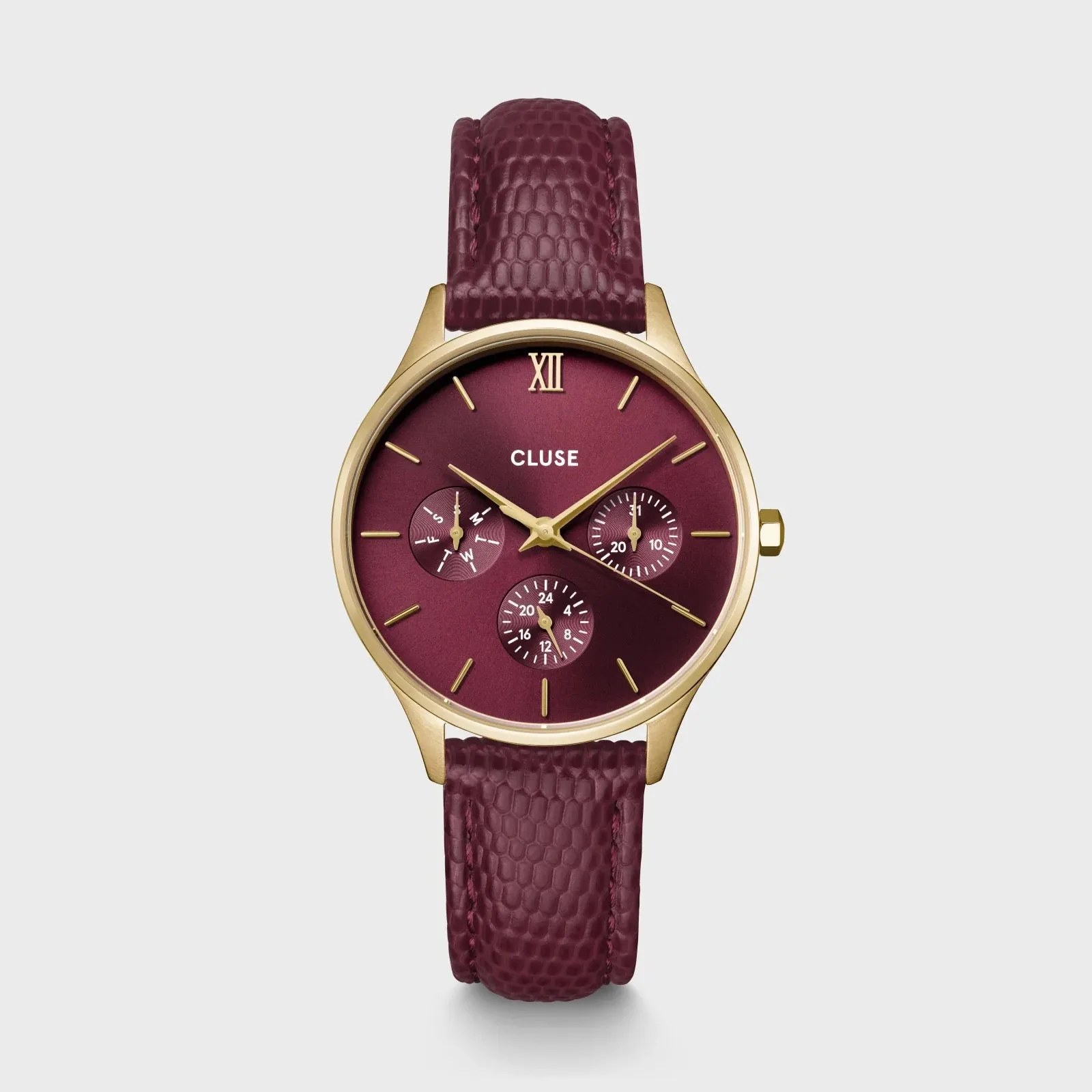 Minuit Multifunction Watch Leather, Dark Cherry Lizard