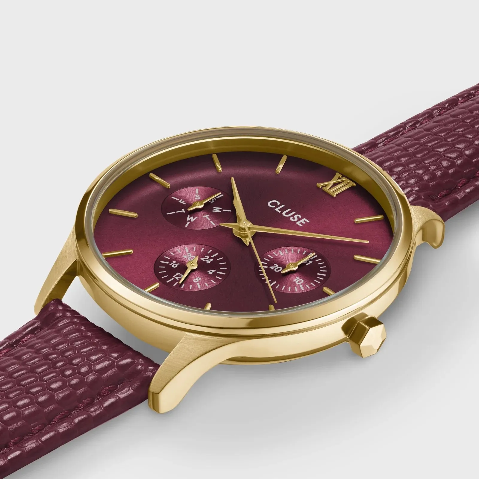 Minuit Multifunction Watch Leather, Dark Cherry Lizard