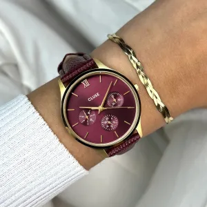 Minuit Multifunction Watch Leather, Dark Cherry Lizard