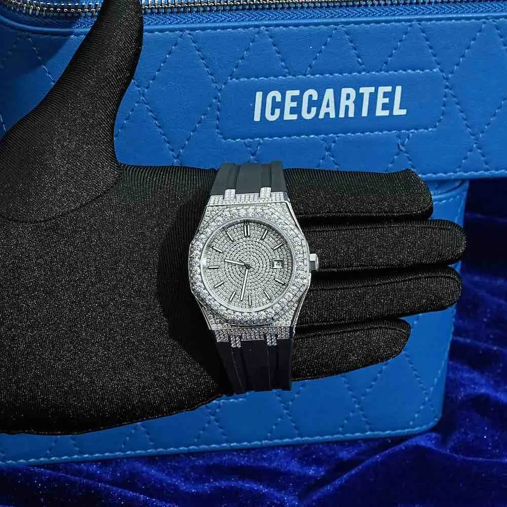 Moissanite Iced Out Silicone Band Watch | 13.5CT | 14K White Gold