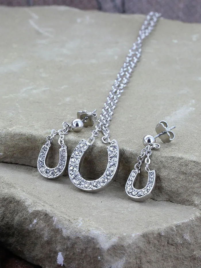 Montana Silversmiths JS808 Womens Crystal Clear Lucky Horseshoe Jewelry Set Silver