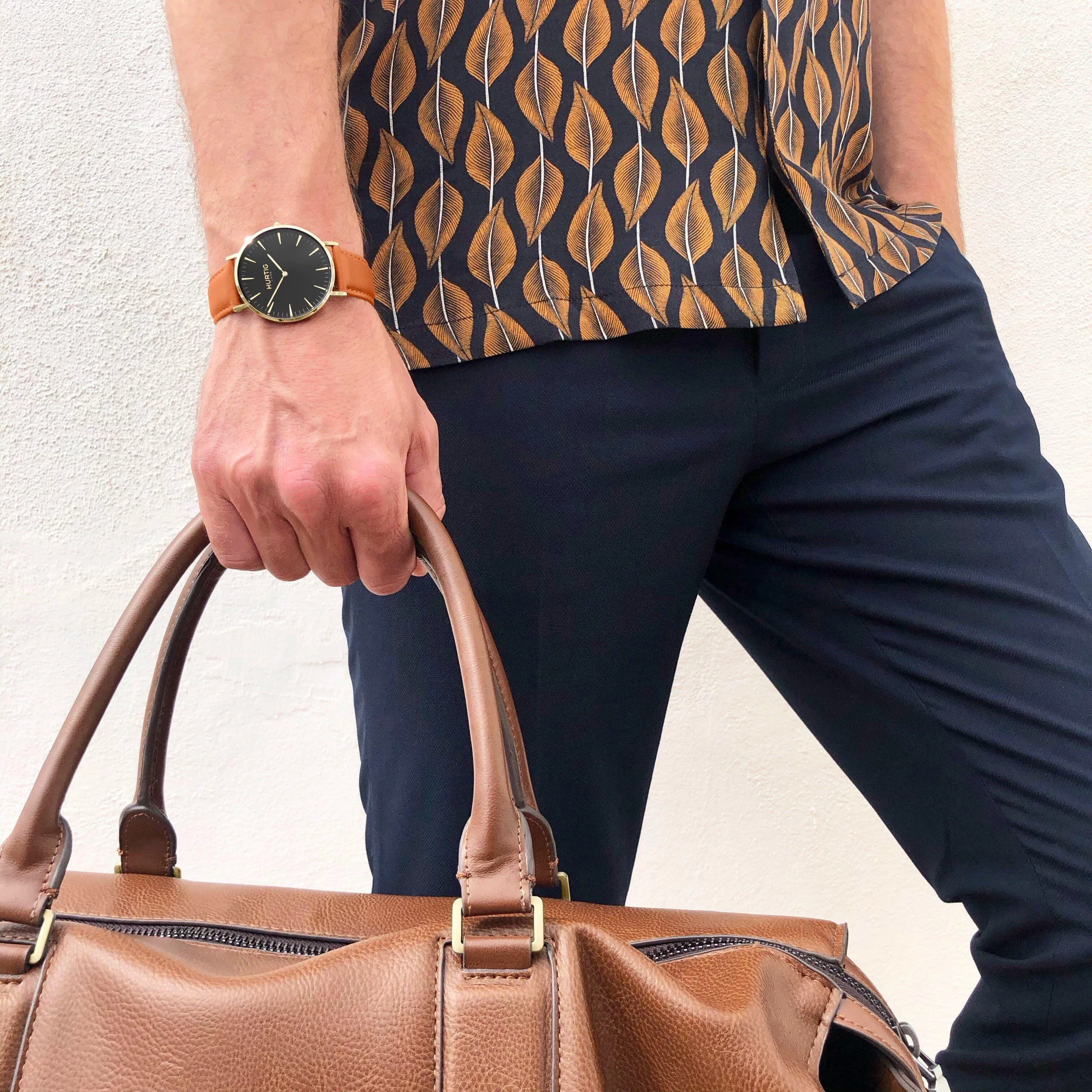 Mykonos Vegan Leather Watch Gold, Black & Tan