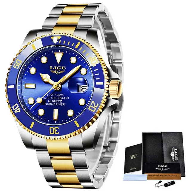 New LIGE Mens Watches Fashion Business Waterproof Quartz