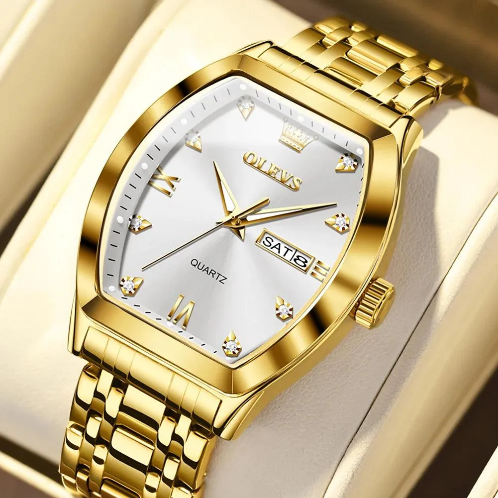 OLEVS/5528 Stainless Steel Luxury Quartz Watch | Elegant Tonneau Case with Shock Resistance and Week Display