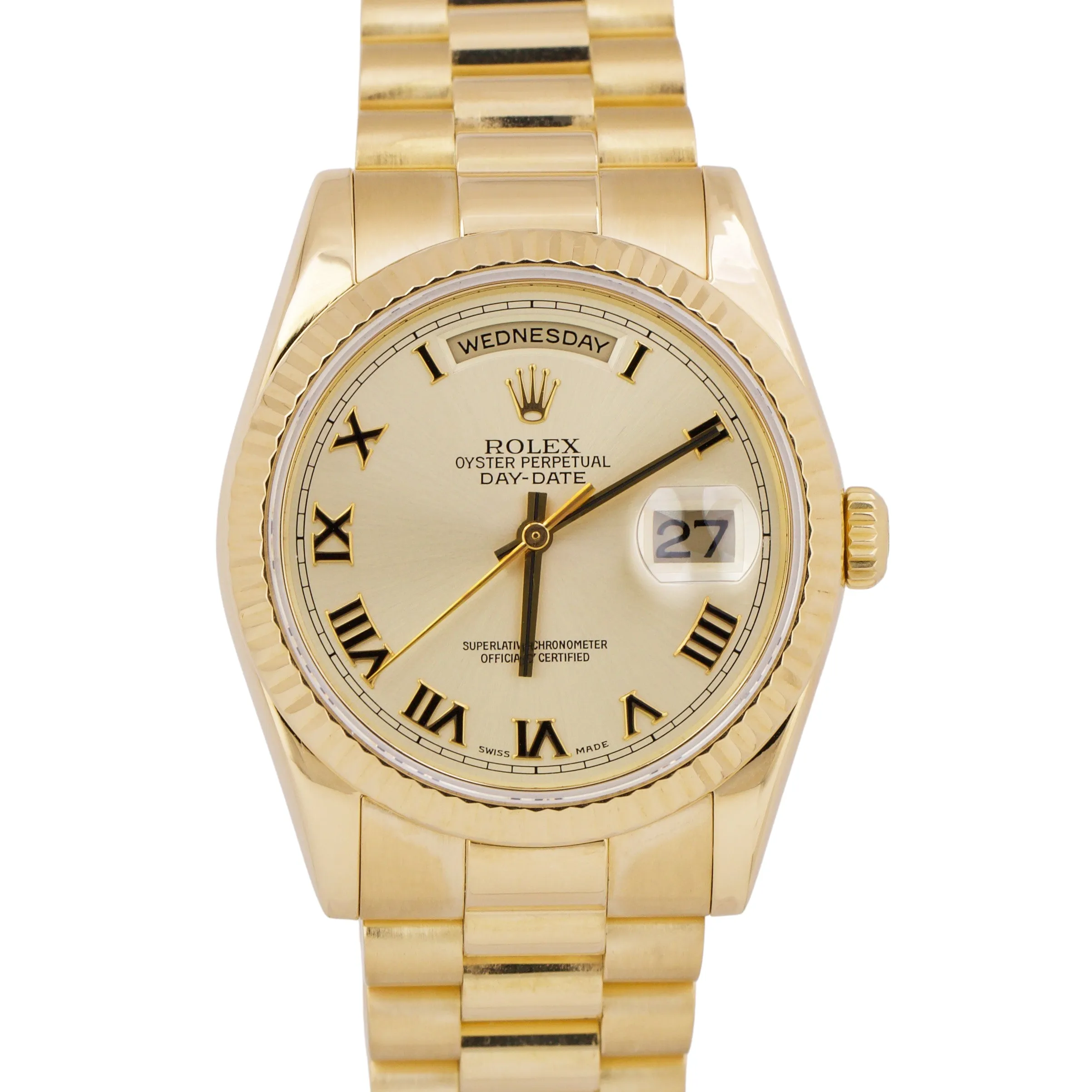 PAPERS Rolex Day-Date President CHAMPAGNE ROMAN 36mm 18K Gold Watch 118238 BOX