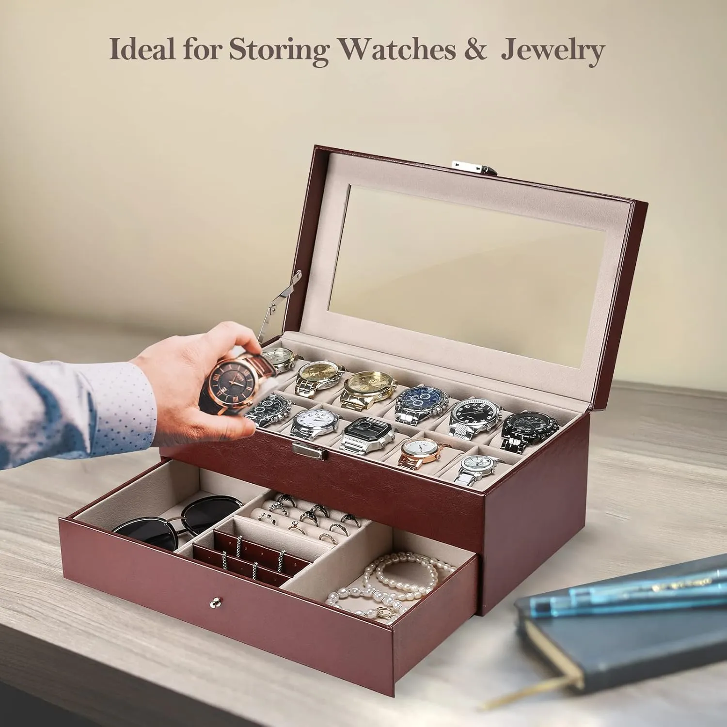 ProCase 12 Slots Watch Box Case for Men Women, Mens Jewelry Organizer Watch Holder Display Case with Drawer, PU Leather Watch Storage Boxes with Glass Lid and Pillow, Father's Day Gift -Brown