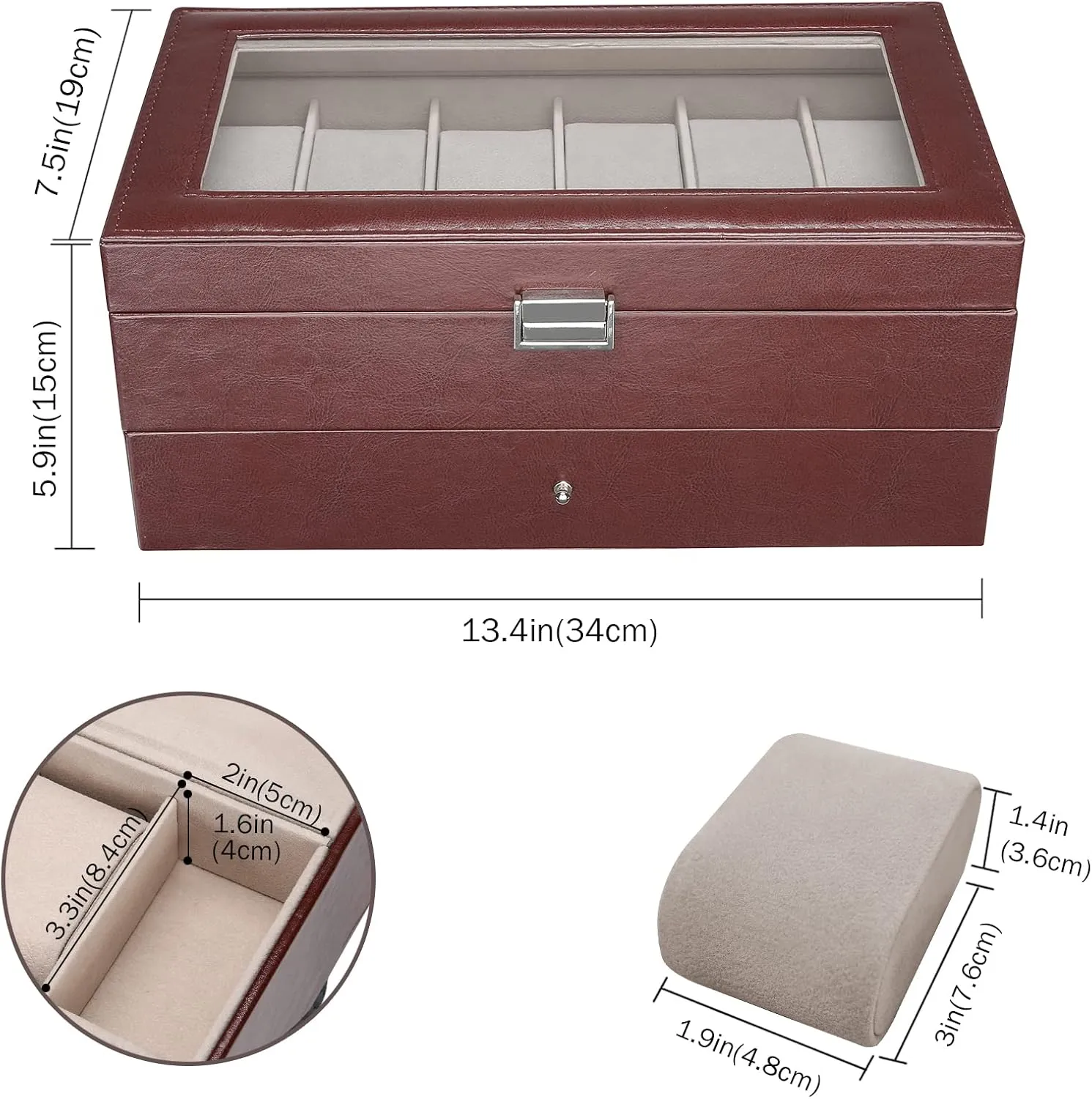 ProCase 12 Slots Watch Box Case for Men Women, Mens Jewelry Organizer Watch Holder Display Case with Drawer, PU Leather Watch Storage Boxes with Glass Lid and Pillow, Father's Day Gift -Brown