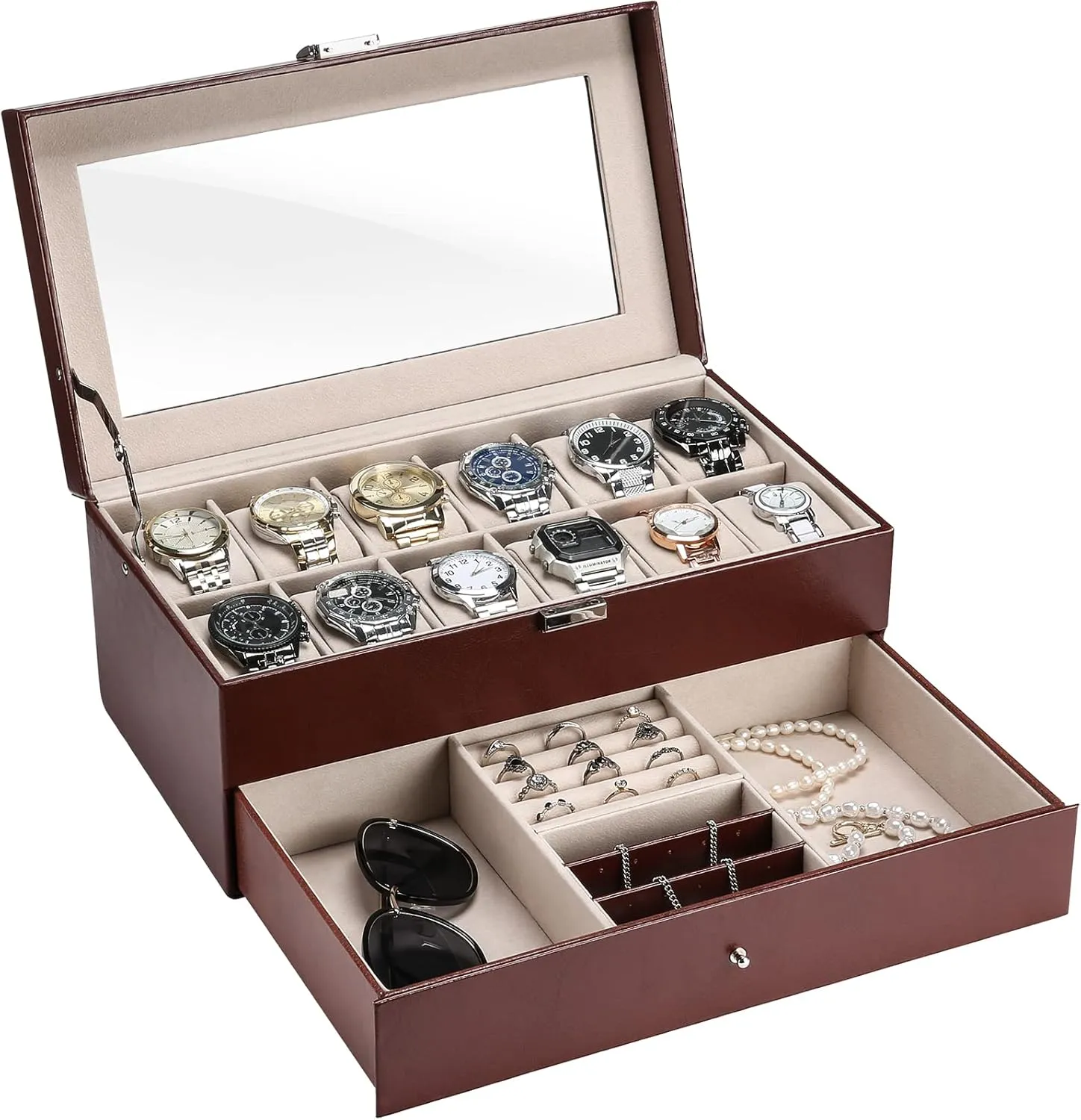 ProCase 12 Slots Watch Box Case for Men Women, Mens Jewelry Organizer Watch Holder Display Case with Drawer, PU Leather Watch Storage Boxes with Glass Lid and Pillow, Father's Day Gift -Brown