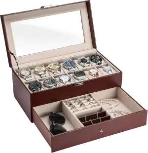 ProCase 12 Slots Watch Box Case for Men Women, Mens Jewelry Organizer Watch Holder Display Case with Drawer, PU Leather Watch Storage Boxes with Glass Lid and Pillow, Father's Day Gift -Brown