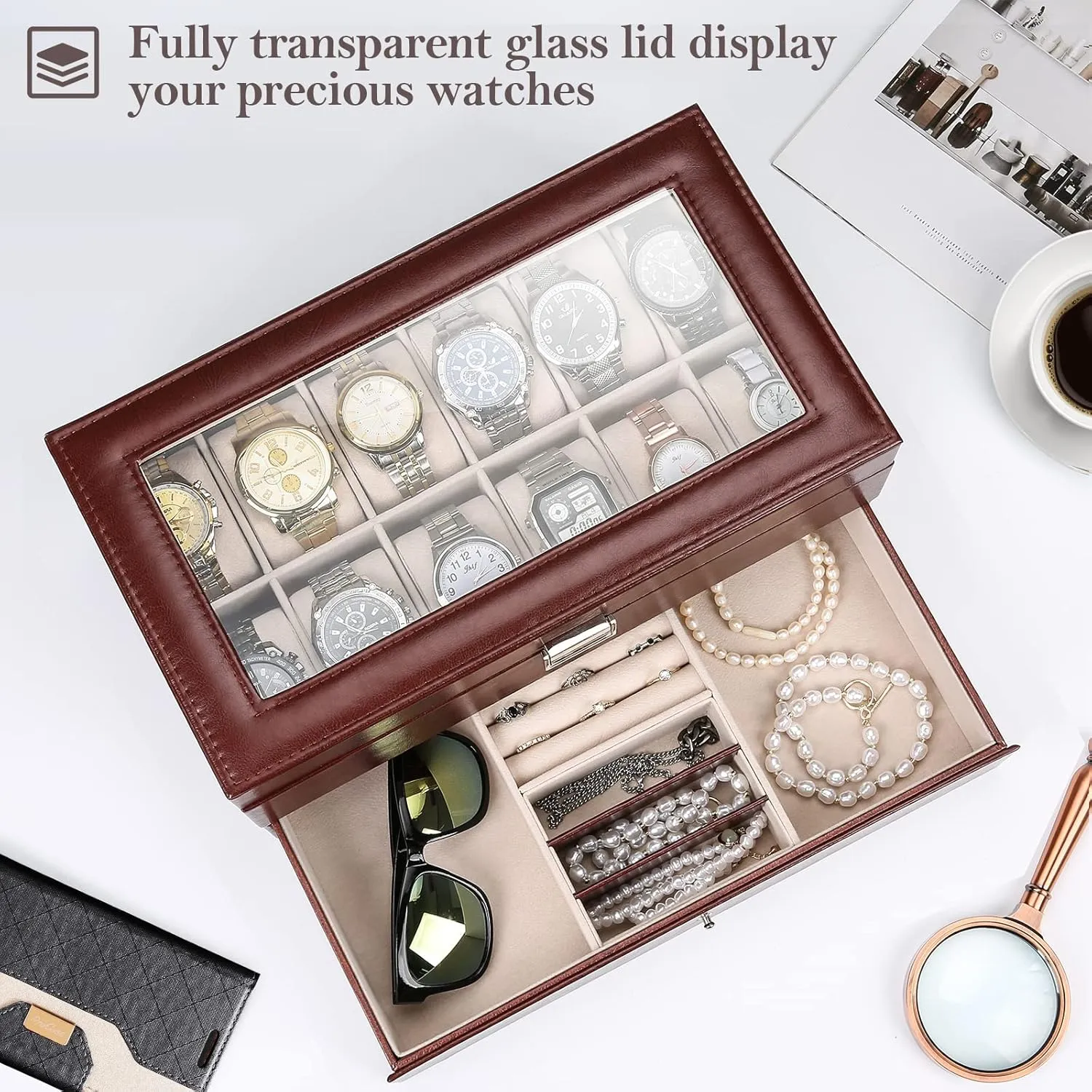 ProCase 12 Slots Watch Box Case for Men Women, Mens Jewelry Organizer Watch Holder Display Case with Drawer, PU Leather Watch Storage Boxes with Glass Lid and Pillow, Father's Day Gift -Brown