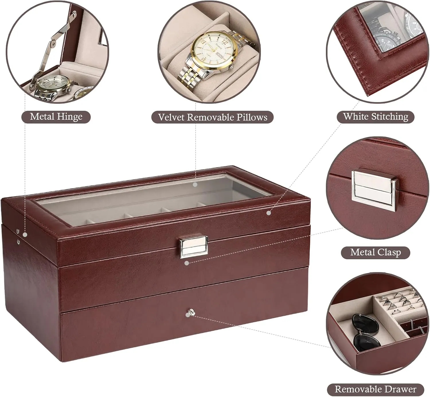 ProCase 12 Slots Watch Box Case for Men Women, Mens Jewelry Organizer Watch Holder Display Case with Drawer, PU Leather Watch Storage Boxes with Glass Lid and Pillow, Father's Day Gift -Brown