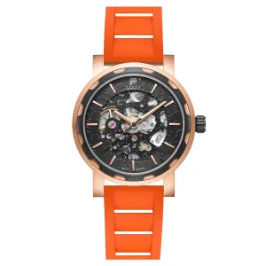 PUNCH Mens Watch, Rose Gold & Black Skeleton Automatic Watch - Orange Rubber Strap
