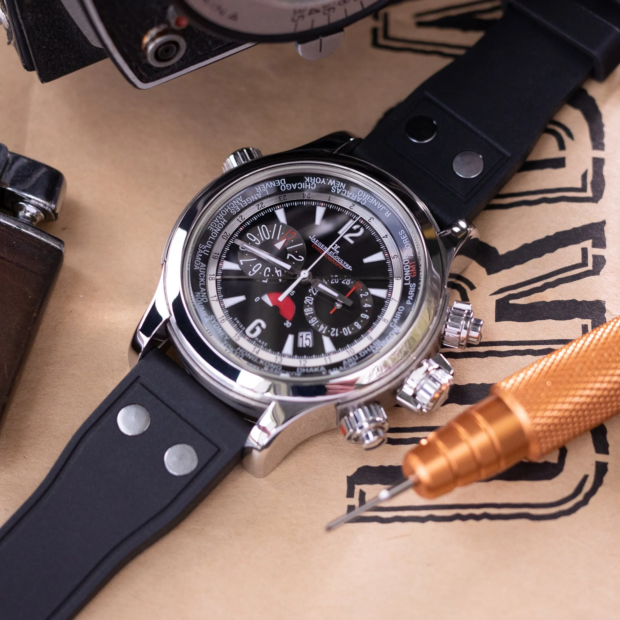 Quick Release Black Rivet Pilot FKM rubber watch strap, 20mm or 22mm