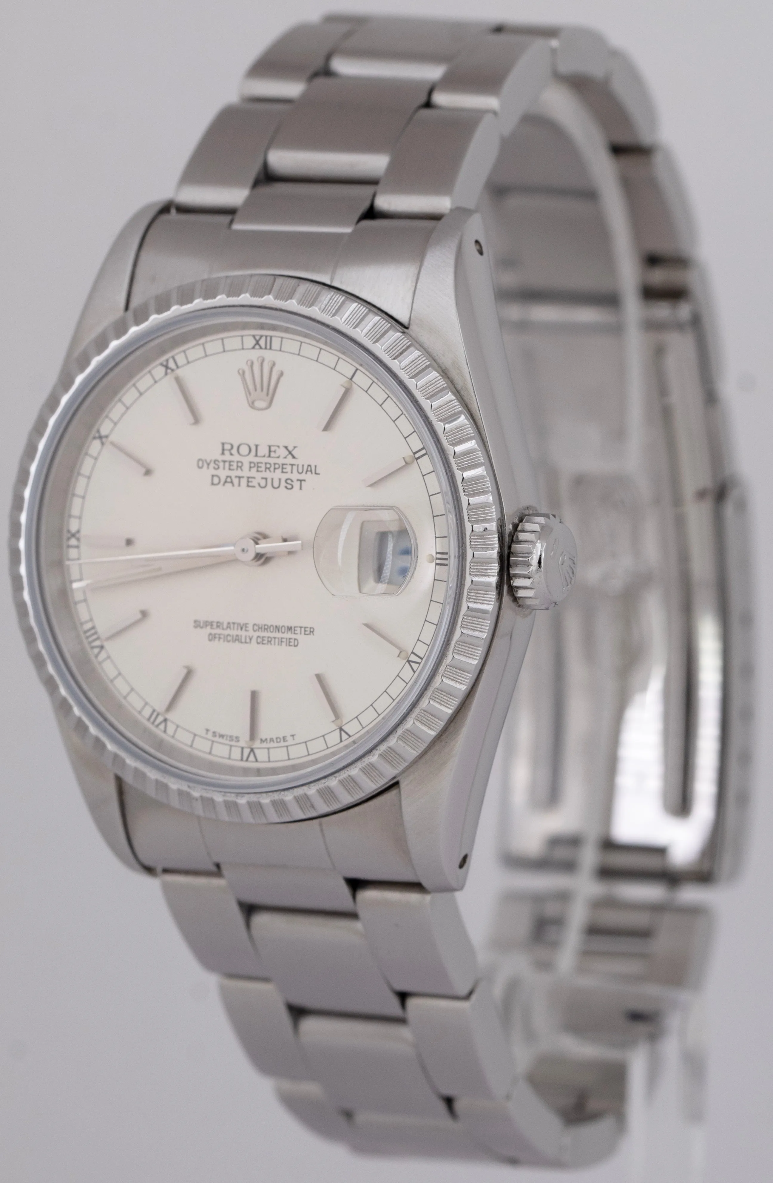 Rolex DateJust Silver 36mm ENGINE TURNED Stainless Steel Oyster Watch 16220