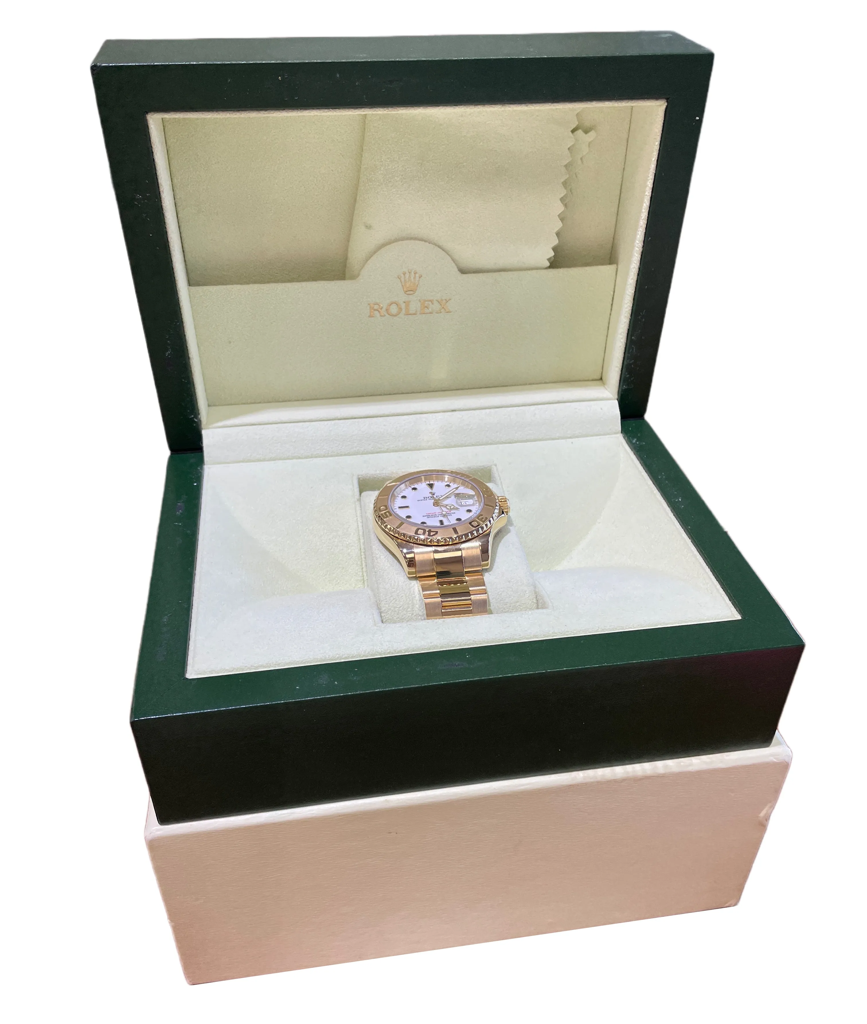 Rolex Yacht-Master 40mm WHITE 18K Yellow Gold NO-HOLES Oyster Watch 16628 BOX
