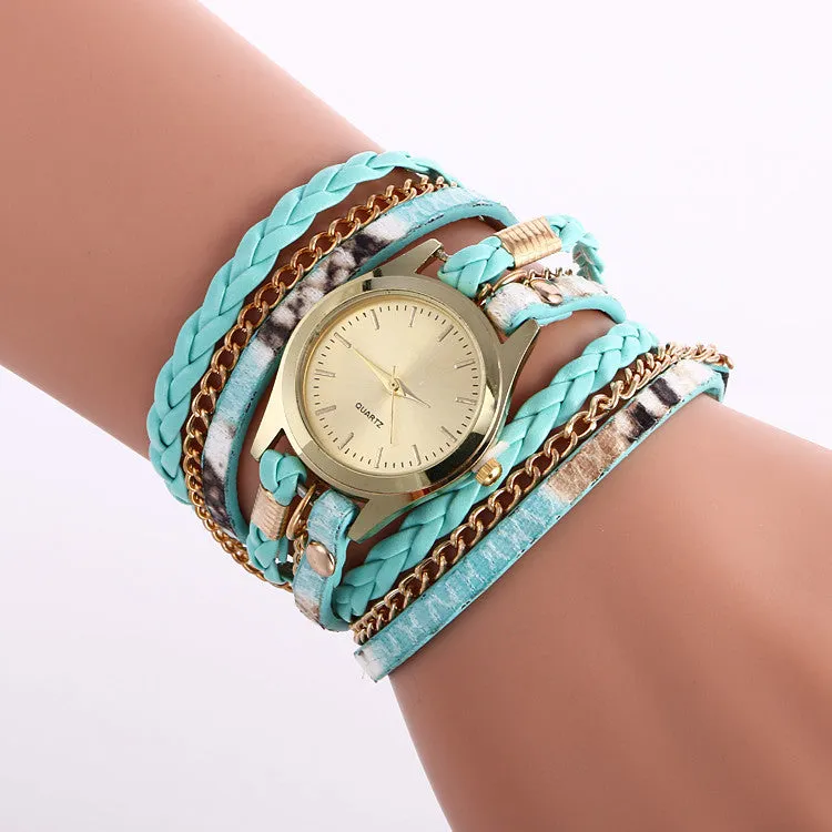 Snake Print Woven Wrap Bracelet Watch