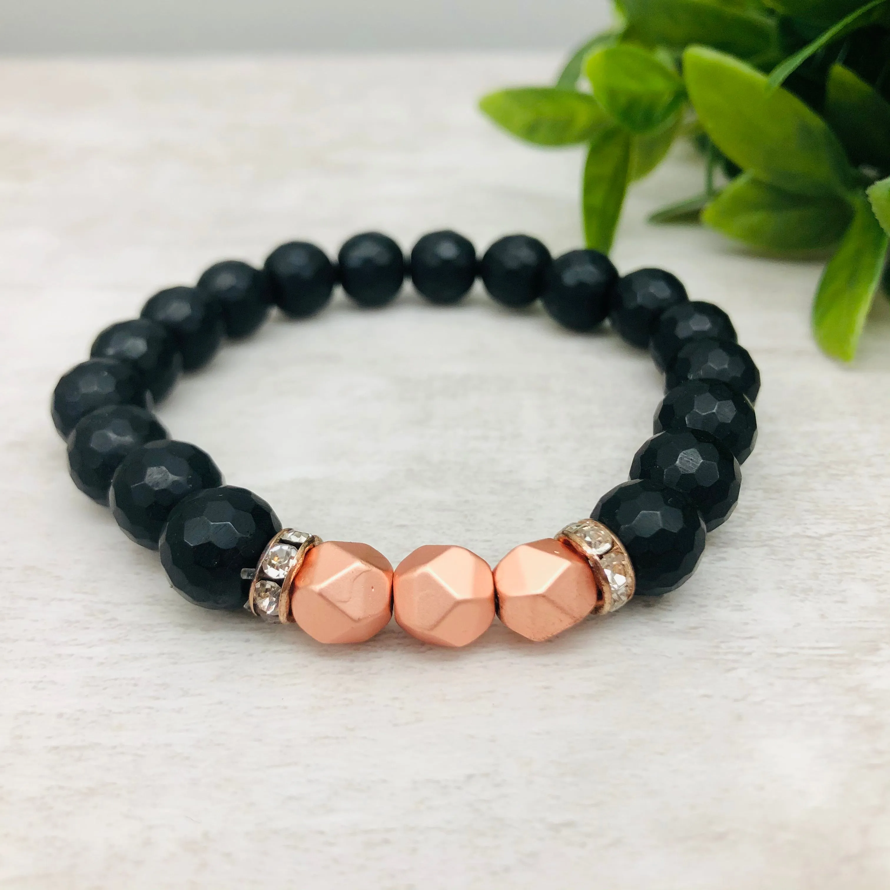 Stone Stacker Bracelet / Black and Matte Rose Gold