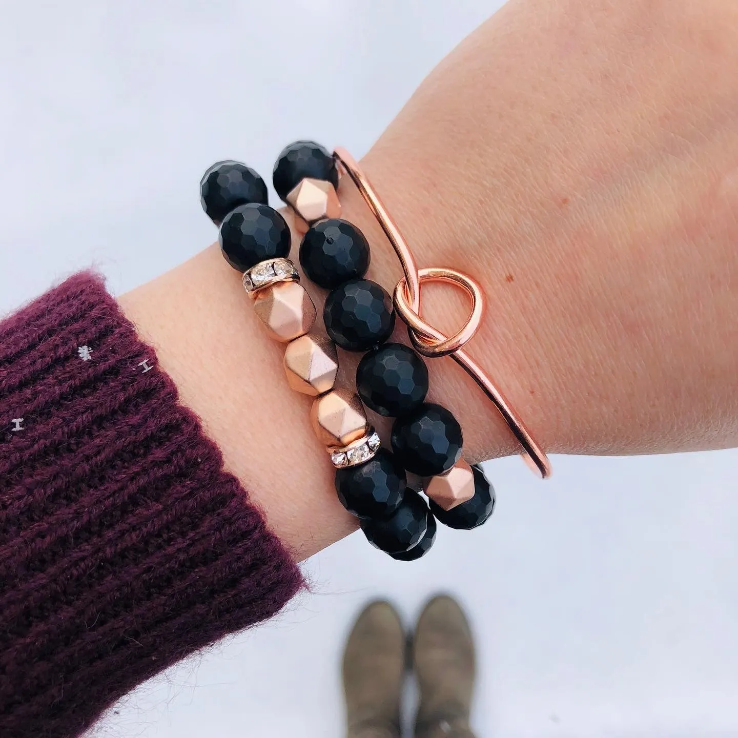 Stone Stacker Bracelet / Black and Matte Rose Gold
