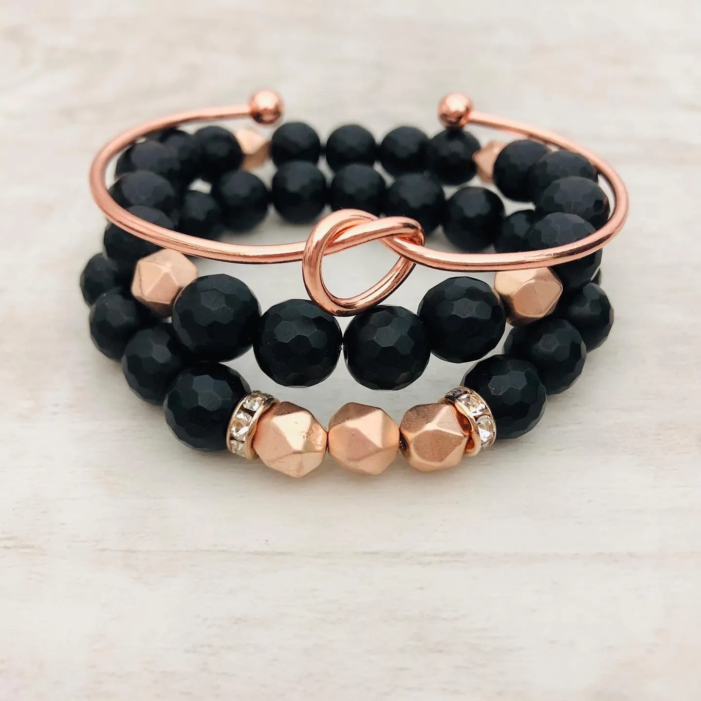 Stone Stacker Bracelet / Black and Matte Rose Gold
