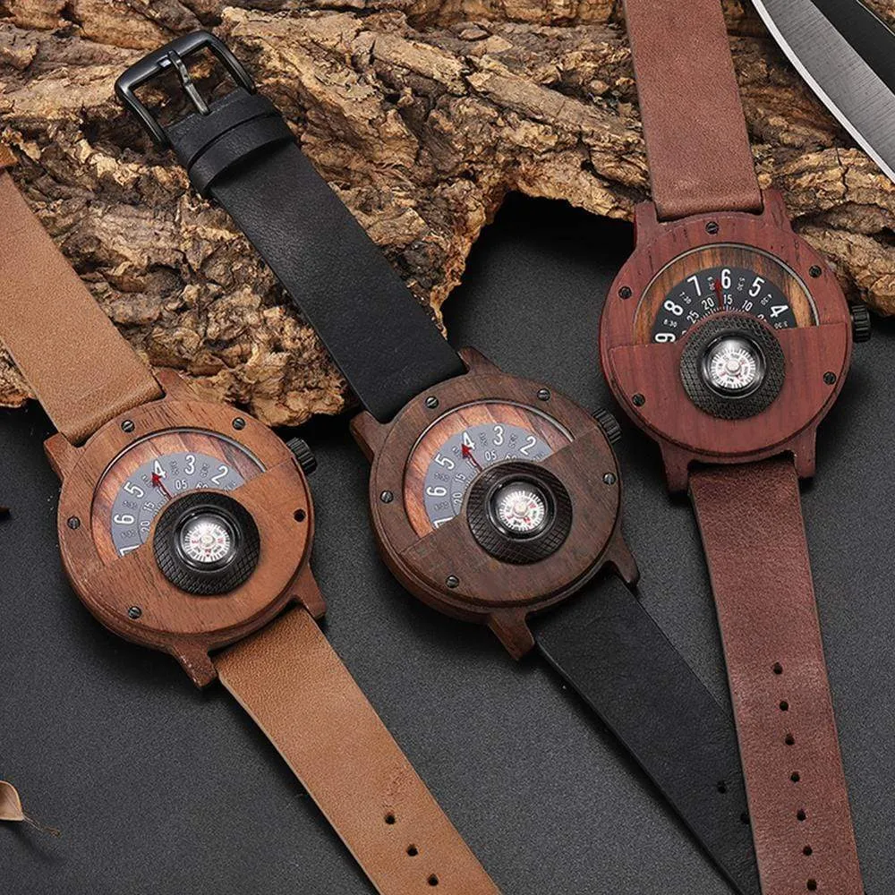 Turntable Compass Dial Wooden Watch