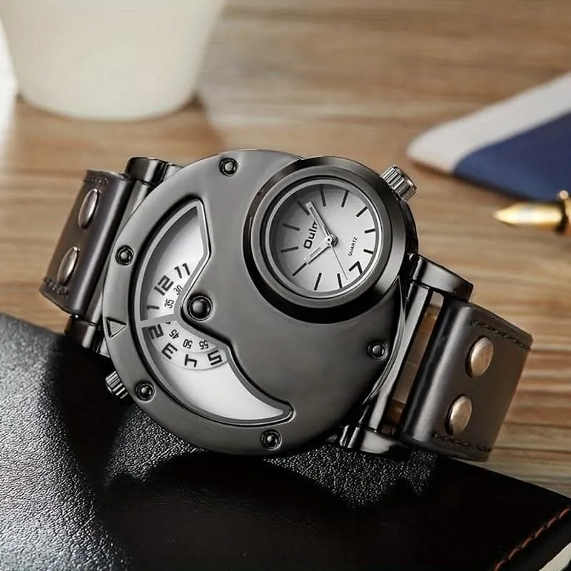 Unique Double Time Zone Men's Sports Quartz Watch with PU Leather Strap