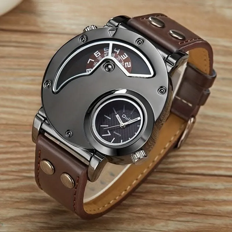 Unique Double Time Zone Men's Sports Quartz Watch with PU Leather Strap