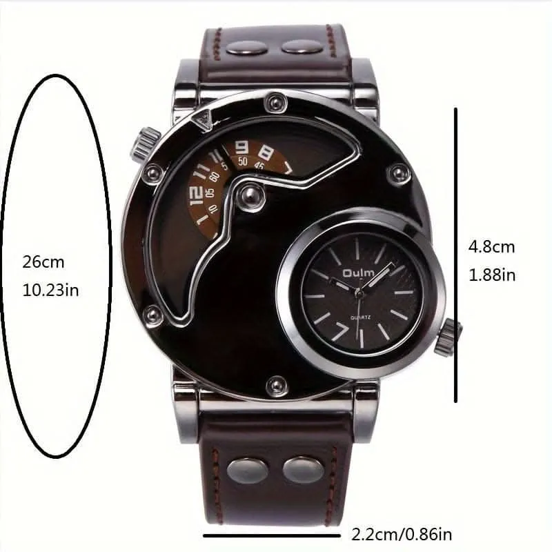 Unique Double Time Zone Men's Sports Quartz Watch with PU Leather Strap