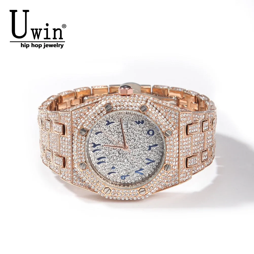 UWIN Hip Hop Wristwatches Full Iced Out Stones Fashion Luxury Zircon Quartz Square Watches for Gift