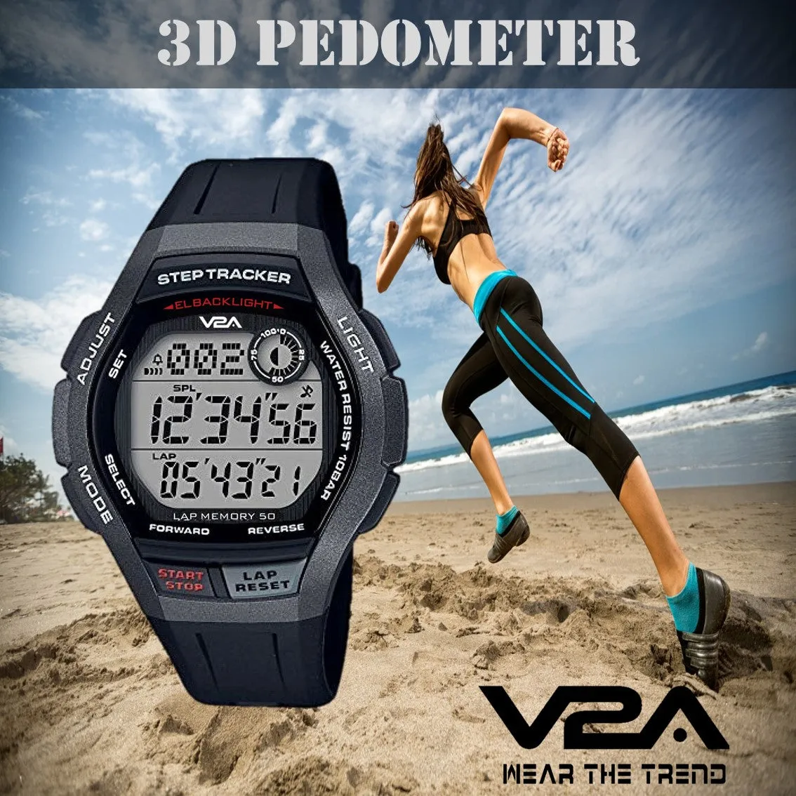 V2A STEPO 3D Pedometer Digital Sports Watch (Grey Dial Black Colored Strap)