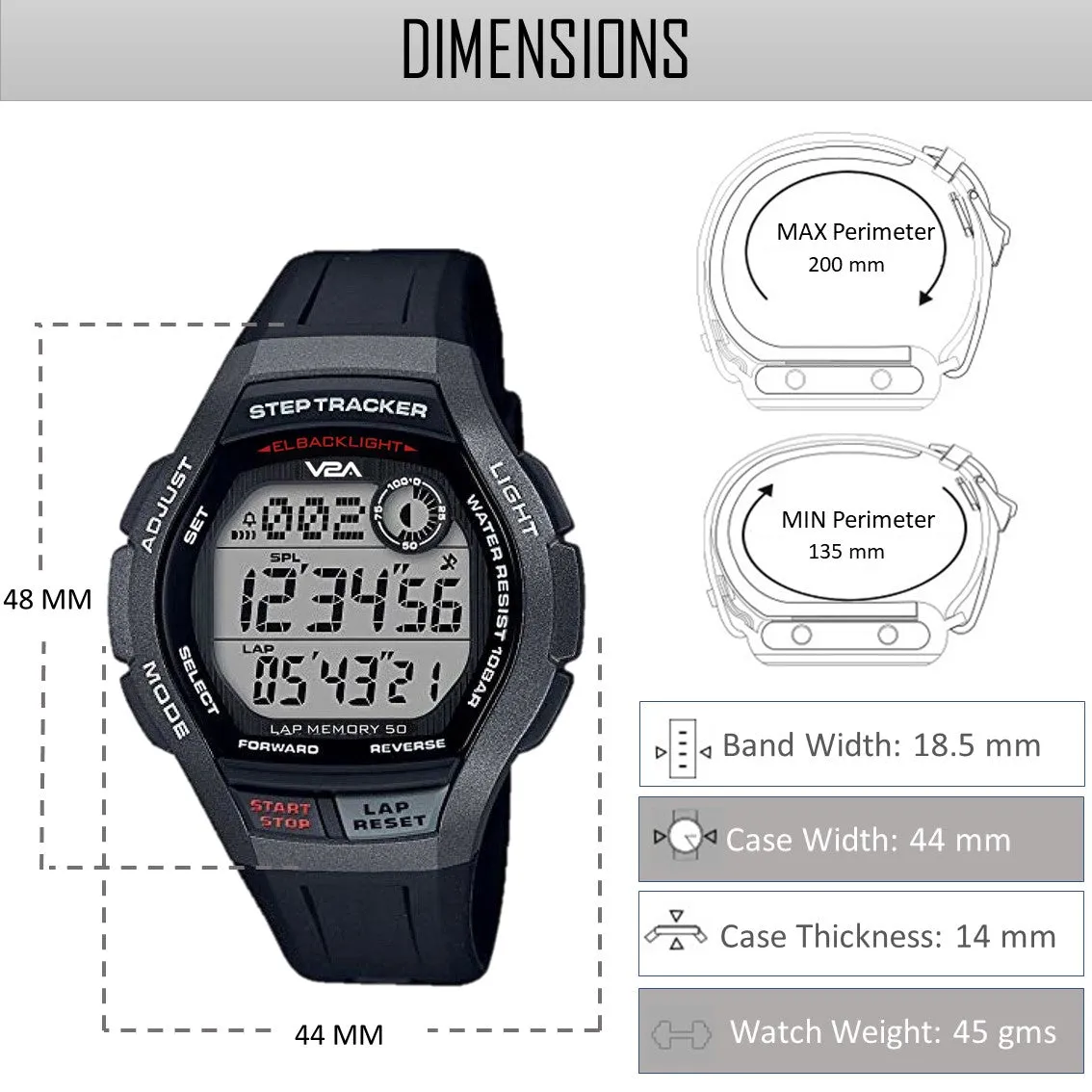 V2A STEPO 3D Pedometer Digital Sports Watch (Grey Dial Black Colored Strap)