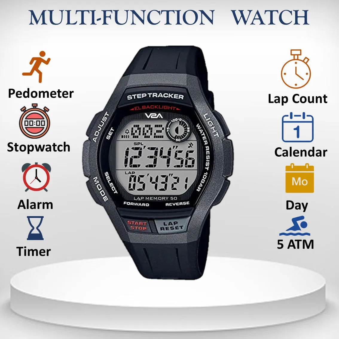 V2A STEPO 3D Pedometer Digital Sports Watch (Grey Dial Black Colored Strap)